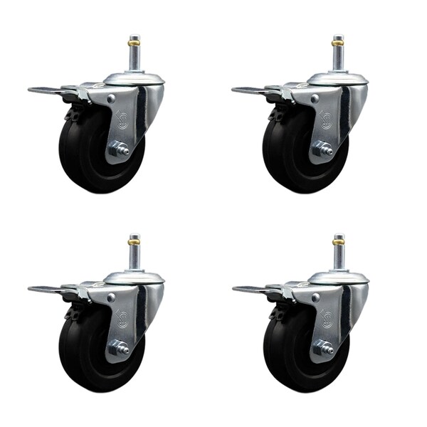 3.5'' Soft Rubber Wheel Swivel 7/16'' Stem Caster Set Total Lock Brake, 4PK